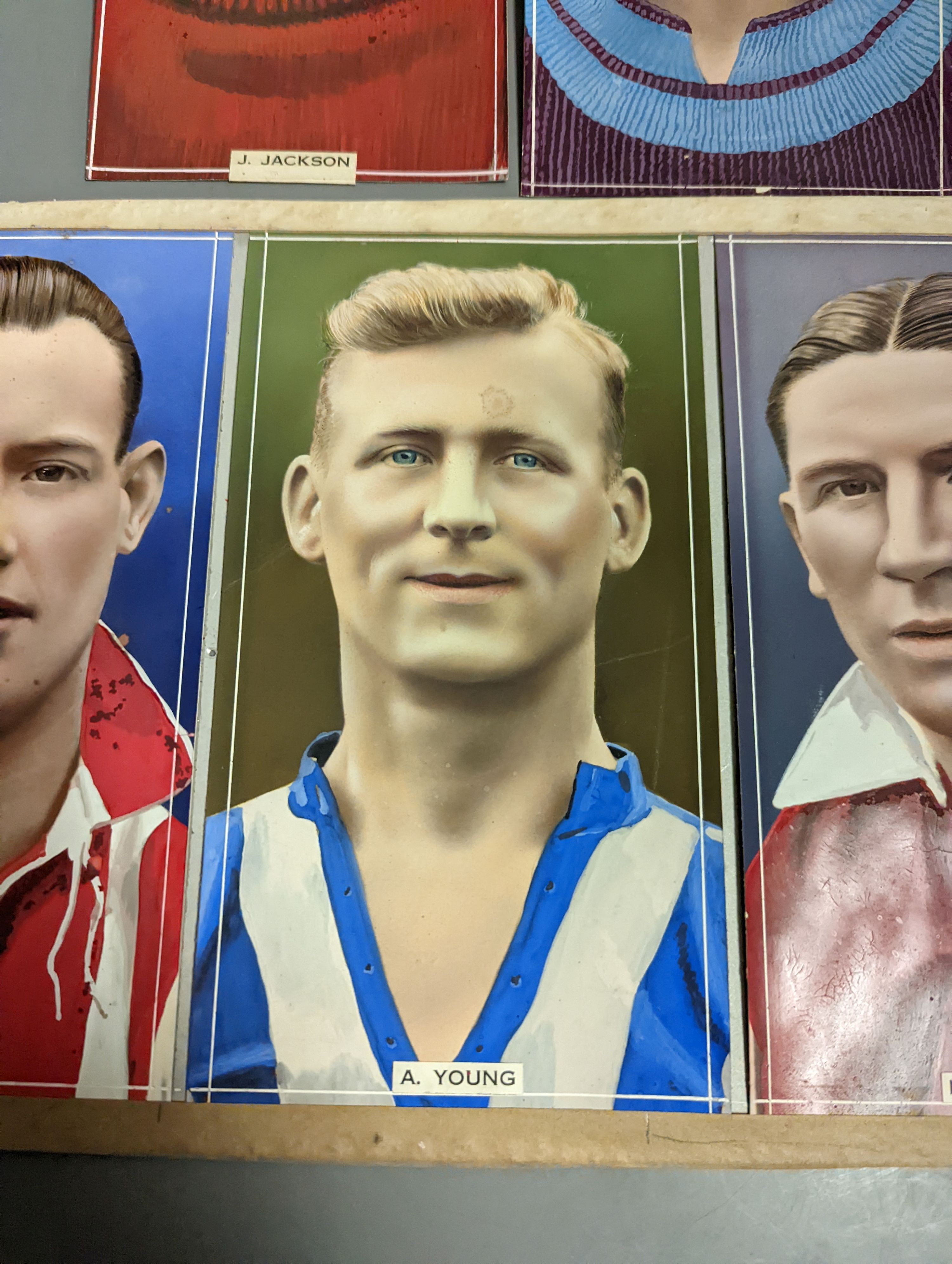 Seven original gouache illustrations of footballers c.1936 for Godfrey Phillips cigarette cards, each 19.5cm x 10.3cm
